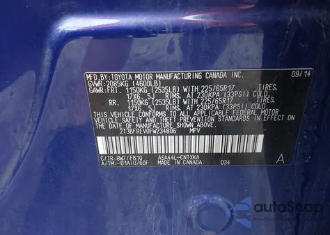 2015 Toyota Rav4 Le from USA, damaged, VIN 2T3BFREV0FW234806